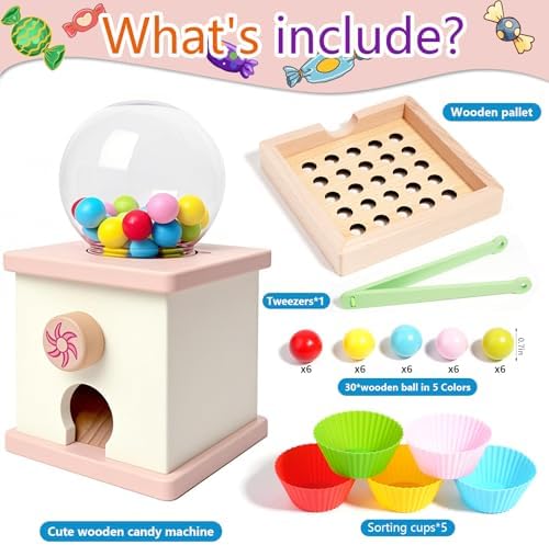 9.6" Wooden Gumball Machine For Kids Learning Color Sorting & Counting Toy - Image 3