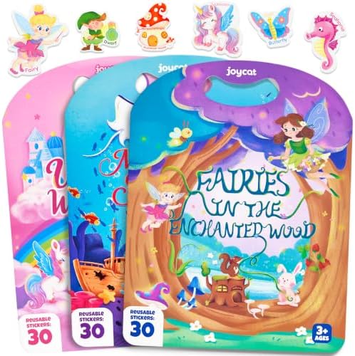 JoyCat Reusable Sticker Book Set for Kids, 3-Pack, Unicorn Fairy Mermaid by JOYCAT