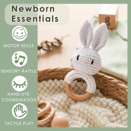 Baby Crochet Rattle Toy - Hand-Knitted Animal Bunny Teether with Soft Bell, Montessori Sensory Toy for Infants 0-36 Months, Natural Wood Teething Ring, Ideal Newborn Keepsake Gift - Image 6