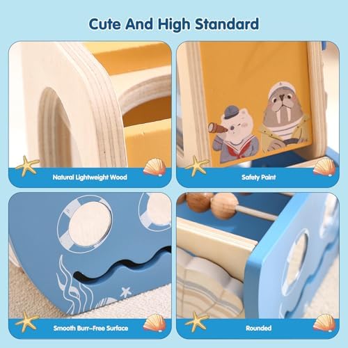 5-in-1 Baby Wooden Activity Cube, Sea Ocean Montessori Toddler Toys for 1+ Year Old Boys Girls Gifts, Educational Learning Boat Toys for 1st Birthday Gifts for Kids - Image 4