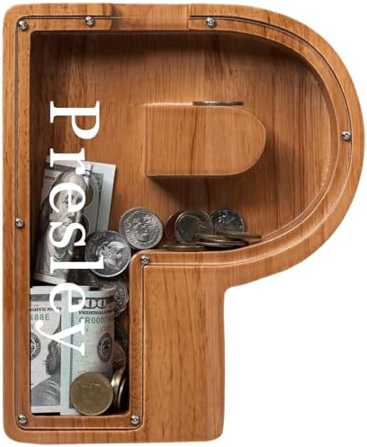 Personalized 12" Extra Large Wooden Letter Piggy Bank for Kids Boys Girls, (Laser Engraved Name) Custom Initial Letter Shape Piggy Bank, Alphabet Coin Bank Grandchildren Birthday by Ladenk