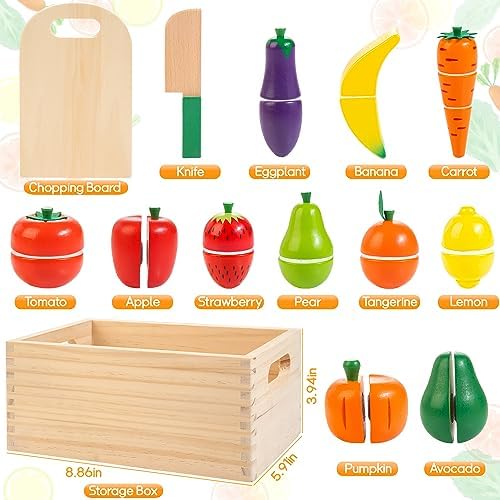Wooden Play Food for Toddlers, Fruit & Veggies Cutting Set for Play Kitchen - Image 3