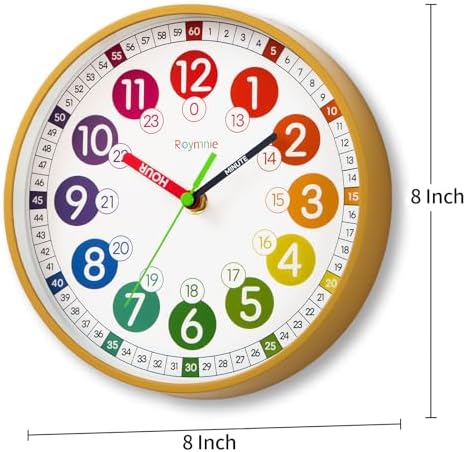 Roymnie Wall Clock Kids Battery Operated Silent Non-Ticking Classroom 8" - Image 6