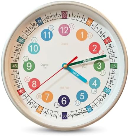 Learning Time 8 Inch Wall Clock for Kids,Non-Ticking Kids Colorful Clock,Silent Wall Clock Decorative for Kids Room ，School Classroom (Silver, 8 Inch) by SYOYUEX