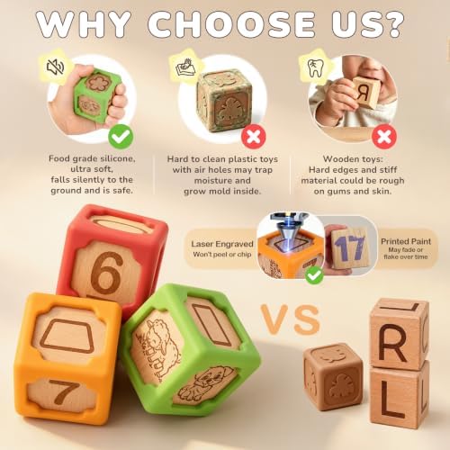 Joyreal Silicone Wooden Baby Blocks, 10PCS Montessori Stacking Blocks for Babies 6-18 Months, 1.7" Beech Wood Sensory Learning Toy with Animals, Numbers, Textures, Soft Chewable, Laser Engraved - Image 2