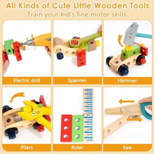 Kids Tool Set with Electric Drill, Montessori Wooden Toys for Boys Girls 3+ - Image 4