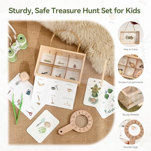 WOODEN TEETHER Kids Outdoor Explorer & Scavenger Hunt Play Set, Nature Exploration Kit with Knot-Tying Board, Binoculars, Compass, Specimen Box & Treasure Cards, STEM Gift for Ages 4–8 - Image 6
