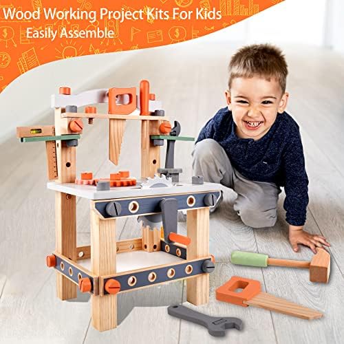 varbertos Wooden Tool Bench for Kids Toddlers, Pretend Play Workbench Set Workshop Workbench Construction Toys Gift for 3 4 5 Years Old Girls & Boys - Image 4
