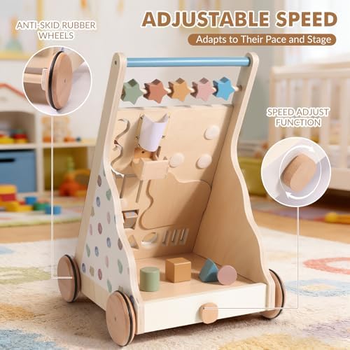 Montessori Safe Wooden Baby Walker, Adjustable Speed Baby Push Walker for Girls and Boys, Morandi Activity Center Toy for Kids' Development, Ideal Gift for Toddlers - Image 3
