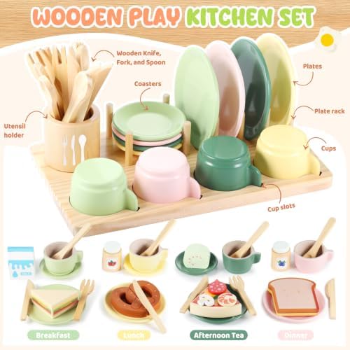 GAGAKU Wooden Play Kitchen Accessories - 25Pcs Montessori Play Dishes Set with Integrated Storage Stand, Bright Color Plates & Bowls, Pretend Cooking Toys for Ages 3-5, Educational Gift for Toddler - Image 2