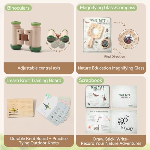 WOODEN TEETHER Nature Explorer STEM Kit with Adjustable Bug Viewer, Outdoor Science Exploration Set for Kids Ages 4-8, Montessori-Inspired Screen-Free Toys with Binoculars, Compass & Magnifying Glass - Image 7