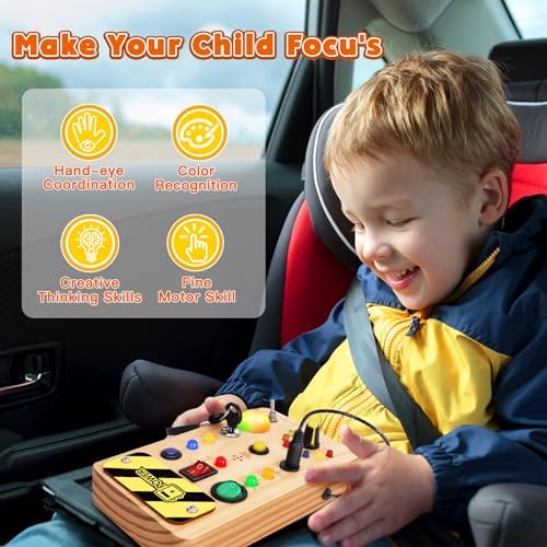 TINTECUSA Busy Board Montessori Toys for Toddler, Wooden Sensory Board Switch Toy with Color-Changing LED Light Up Travel Toys Educational Plane Travel Activity for 1-6 Year Old Girls & Boys Gifts - Image 6