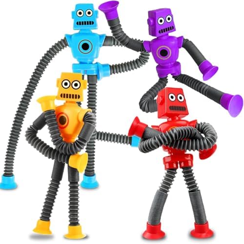 Robot Sensory Travel Roadtrip Toys 4Pcs for Toddlers Kid Boy Year Old Ages 3 4 5 6 7 8 9,Airplane Activities Suction Autism Pop Tube Fidget Toys Autistic Stocking Easter Basket Stuffer Valentine Gift by CHESLICR
