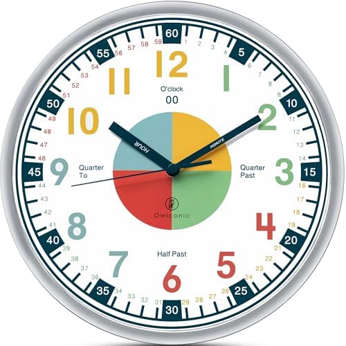 Kids Wall Clock - Learning Clock, Silent 10in, Classroom & Homeschool by OWLCONIC