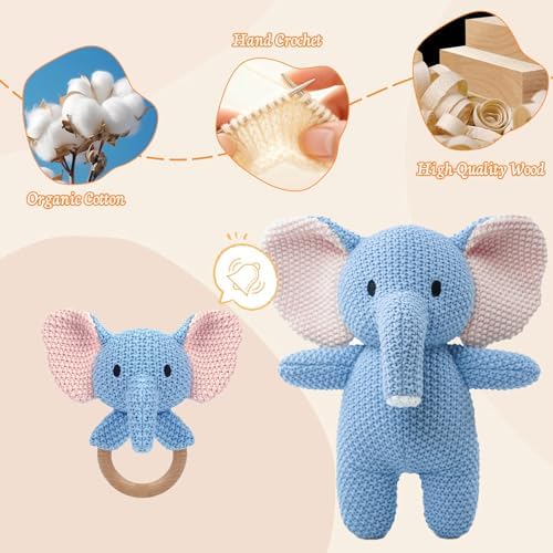 10" Crochet Elephant Stuffed Animal with Rattle, Pure Cotton Soft Crochet Doll Plush Toy for Newborn, Handmade First Birthday Gift - Image 3