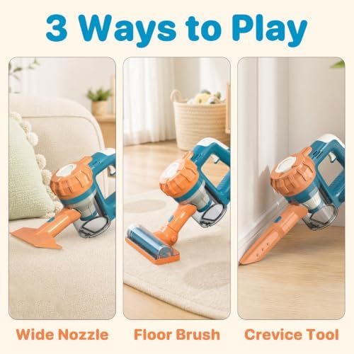 3-in-1 Kids Vacuum that Really Works - Toddler Vacuum Cleaner with Real Suction, Pretend Play Housekeeping & Cleaning Toy Set for Kids Ages 3+ (Blue) - Image 3