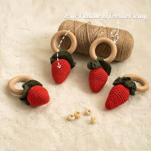Wooden Baby Rattle Toys Stuffed Crochet Rattle with Teether Ring for Newborn Babies Fruit Wooden Teether Toy Infant Toddler Handcrafted Crochet Rattles Cute Shower Gifts for Boy and Girls - Image 4