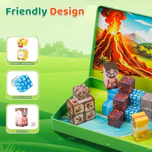 Mini Magnetic Blocks Travel Set with Magnetic Case-52 PCS Magnet Building Cubes Dinosaur Toys for Kids 3-5, Toddler Travel Toys Airplane Essentials, STEM Montessori Toys Christmas Stocking Stuffers - Image 5