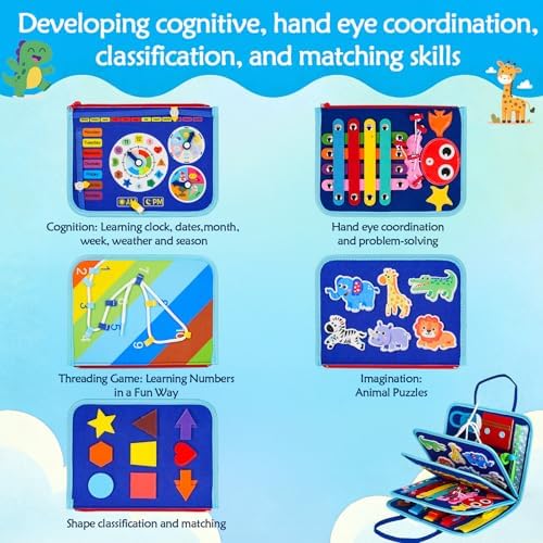 Montessori Busy Board for Toddlers – Sensory Busy Book with Buckles, Zippers, Letters, Animals, Toddler Activities – Fine Motor Skills Development Learning for Boys Girls Travel Activity - Image 6
