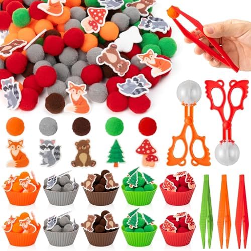 EZdhuawuse Woodland Animals Sensory Bin Fillers - 266Pcs Summer Animals Fine Motor Toys Sorting Stacking Toys for Kids, Felt Fox Bear Pom Poms Cup Clip for Preschool Education Development Activity by EZdhuawuse