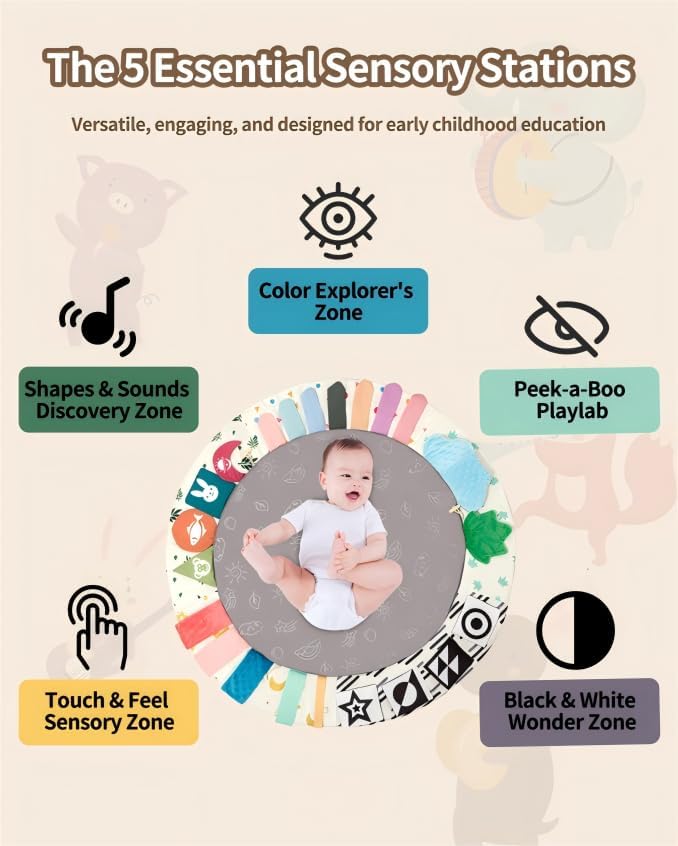 Baby Play Gym Mat with 5 Development Zones, Montessori Tummy Time Mat with 6 Detachable Sensory Toys for Motor Skills Development, Newborn Activity Gym for Babies, Easy Clean, Baby Essentials Gift - Image 5