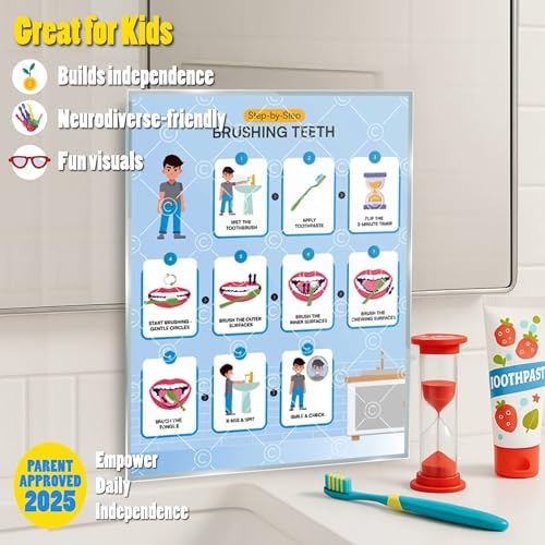 Brushing Teeth with Timer Chart Step by Step Laminated 9x12 Inch for Children Self Care Visual Chart Ideal for Special Needs and Autism (Brushing Teeth Chart with Sandtimer - English) - Image 2