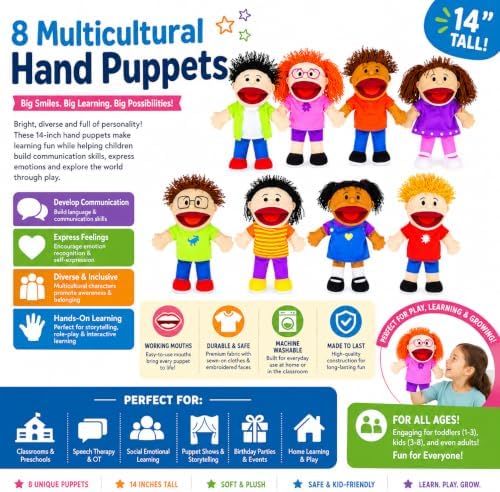 Fun Express Hand Puppets for Kids, 8 Multicultural, 14 Inch - Image 2