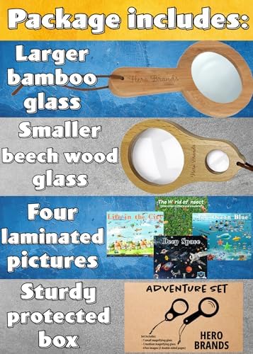 Adventure Set - 2X Wood Magnifying Glass for Kids with 4 Pictures - Wooden Montessori Toy - Learn and Explore - Image 2