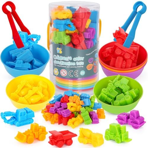 Counting Construction Vehicles Color Sorting Matching Games for Kids 3-5, Preschool Educational Learning Fine Motor Counting Transportation Matching Classroom Sensory Table Toys for Boys Girls by Skrtuan