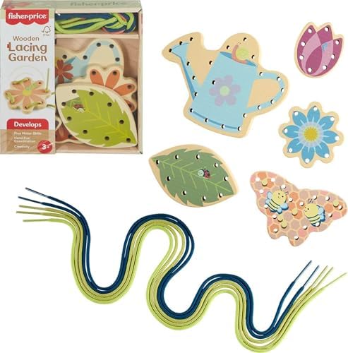Fisher-Price Wood Preschool Toy Lacing Activity Cards, Tiny Garden 10-Piece Set for Fine Motor Skill Development Kids Ages 3+ Years by Unknown
