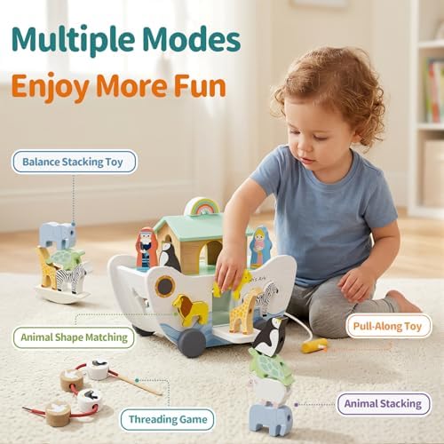 Wooden Noah's Ark Toy for Baby Boy and Girl Gift - Pull Along Toddler Montessori Educational Toy with Animal Shape Sorter Stacker for 18m+ Christmas Birthday Preschool Baptism Gift - Image 4