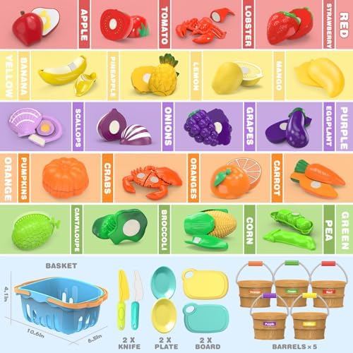 Play Food Toys with Shopping Storage Basket, Cutting Food Sorting Toy - Image 6