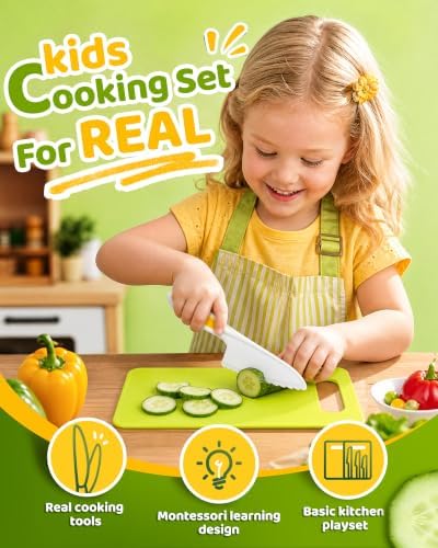 Yeeammk Kids Knife Set for Real Cooking, 5 Pcs Kid Safe Plastic Kitchen Knife Set with 3 Knives and 2 Cutting Boards, Montessori Cooking Set for Kids - Image 2