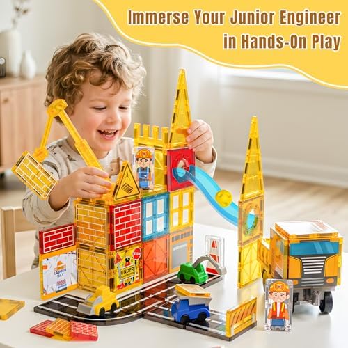 Magnetic Tiles for Kids Ages 4-8 Construction Toys with Crane Marble Run - Image 4