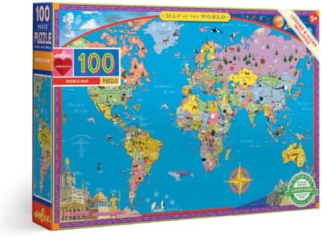 eeBoo World Map 100 Piece Children's Puzzle, 27" x 18" Geography Themed by eeBoo