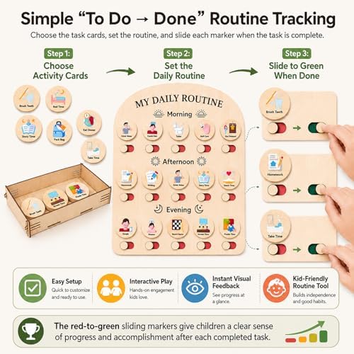 My Daily Routine Chart for Kids with Sliding Checklist – Wooden Visual Schedule Board for 3-5 Years Toddlers, Morning Afternoon Bedtime Activity Chore Chart for Independence Self Discipline - Image 6