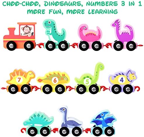 Dinosaur Toys for Toddlers Age 2-4, Wooden Dinosaur Train Set with Playmat/Storage Bag, Montessori Educational Toys for 2+ Years Old Boys & Girls - Image 5