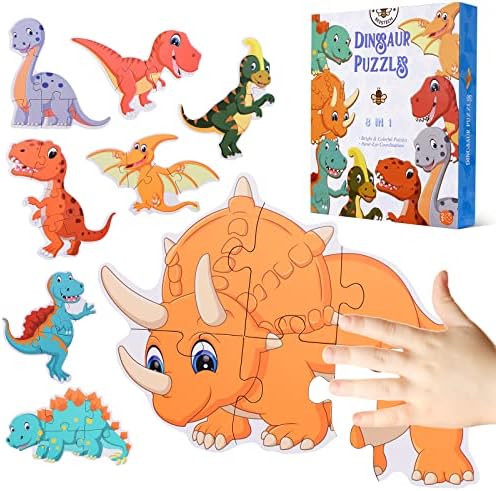 BEESTECH Beginner Dinosaur Puzzles for 3, 4 Year Old Toddlers, 8 Pack Jigsaw Educational Learning Puzzles for Toddlers, 8 Different Dinosaurs with Dinosaur World Map by BEESTECH