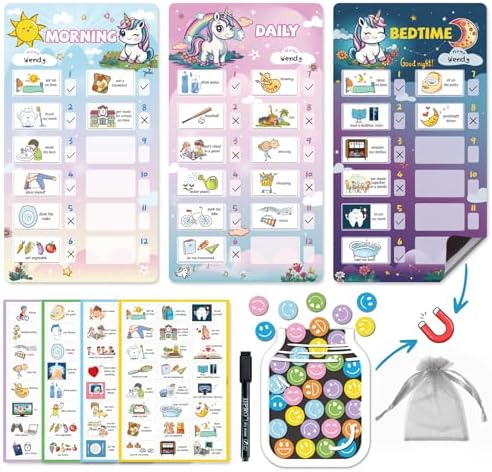 JJPRO Magnetic Bedtime/Morning/Daily Reward Routine Chart for Kids with Reward Jar-Bedtime Routine Chart,Reward Jar for Kids,Daily Checklist Reward Chart for Toddlers,Visual Schedule Board -Unicorn by JJPRO