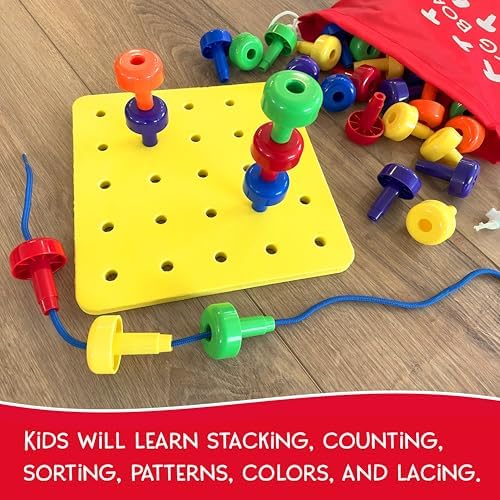 Blu Jay Foam Peg Board Toy - 36 Pegs, Foam Board, Lacing String, Storage Bag - Occupational Therapy Toys - Fine Motor Skills Toys for Toddlers and Kids (Yellow) - Image 3