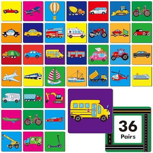 Hebayy Vehicle Matching Game, 72 PCS Traffic Memory Matching Cards for Toddlers 36 Pairs Transportation Memory Cards Educational Toys for Preschool Boys & Girls 4 5 6 Years Old by Stickyourhappymoment