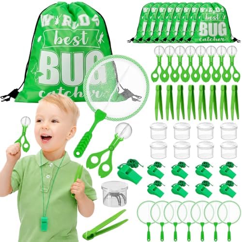 Silipull Bug Catching Kit for Kid Outdoor Explorer Kit Include Catching Scissor Tong Tweezer Clamp Bug Cage Whistle Insect Net Drawstring Bag for Boy Girl Educational Adventure Hunting(Green,48 Pcs) by Silipull