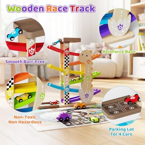 6-Level Wooden Car Ramp Toy with Road Puzzle and 6 Cars, Ages 18M+ - Image 6