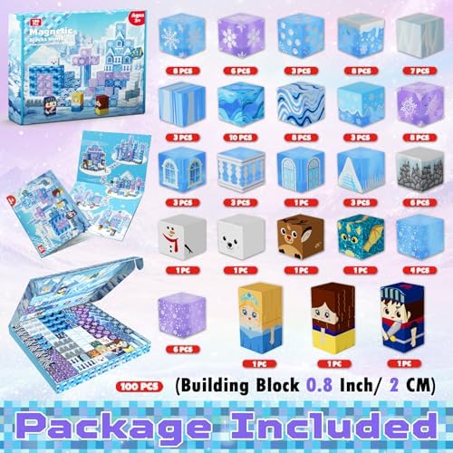 Magnetic Blocks - 100Pcs 0.8in Magnetic Building Block for Kids Ages 4-8, Transparent Magnet Block Blue Princess Castle, Frozen Magnetic Cubes Tiles Princess Toy for Girl 3 4 5 6 7 8-12 Birthday Gift - Image 3