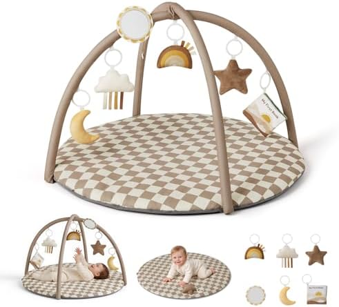 Blissful Diary Baby Play Gym Mat, Play Mat Activity Mat with 6 Detachable Toys for Stage-Based Sensory & Motor Skill Development, Easy to Install & Clean, Baby Essentials Gift, Brown Checkerboard by BlissfulDiary