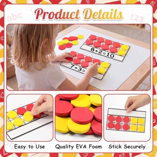 Ireer 60 Sets Bulk Magnetic Ten Frames for Classroom 600 Magnetic Math Counters and 60 Boards Kindergarten Classroom Must Haves Math Manipulatives for Home Prek Preschool Elementary(Red Yellow) - Image 3