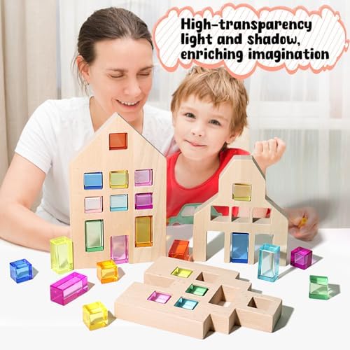 25 Pcs Rainbow Acrylic Building Blocks with 3 Beech Wood Houses, Dual Insert & Stack Sensory Toy, Light Refraction Gem Blocks, Montessori Creative Educational Gift for Toddler Boys Girls 1-5 Years Old - Image 3