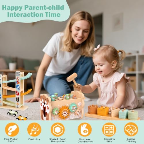 Weilim Montessori Toys for 1 Year Old, 3-in-1 Wooden Hammering & Ramp Toy - Image 6