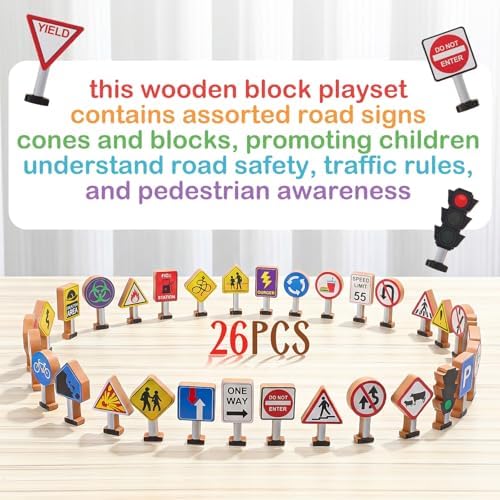 Blosssound 26 Pcs Wooden Toys Set for Preschool Classroom Traffic Signals - Image 3