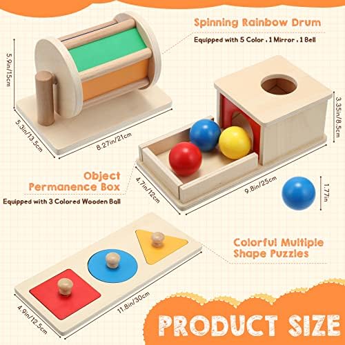 Sratte 3 Pcs Wooden Baby Toys Set, Object Permanence Box, Rainbow Drum, Colorful Multiple Shape Puzzles Toys, Preschool Toys Set for 6-12 Month Infant 1 2 3 Year Old Toddlers Babies - Image 2